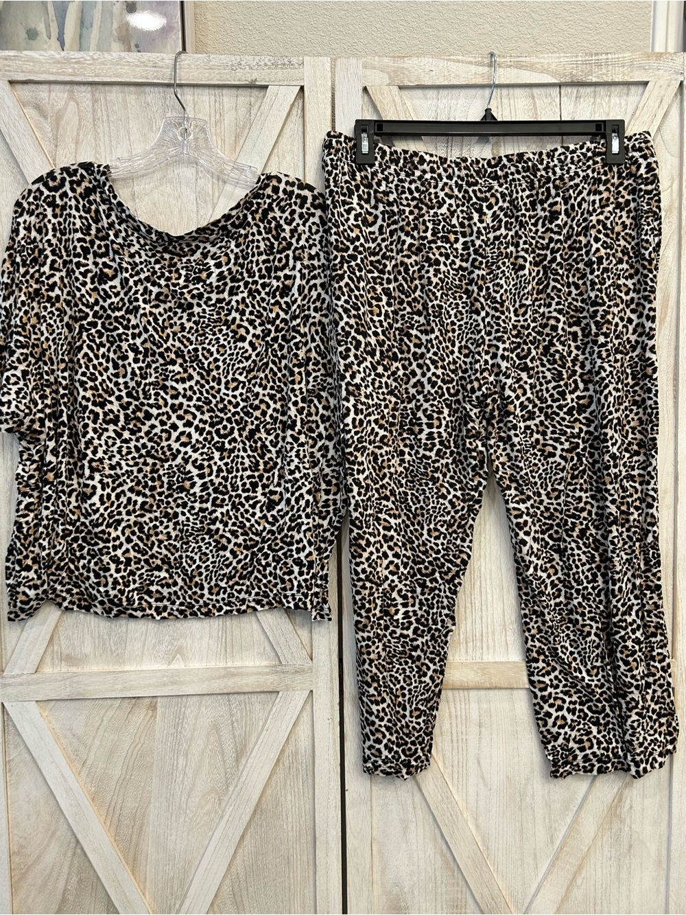 Women's Leopard Print Pajama Set - Taupe & Black Sleep Top and Pants - Picture 2 of 10